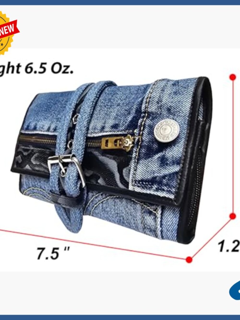 Denim Bifold Wallet with Snakeskin Accents Zipper Clutch Purse - Picture 6 of 7